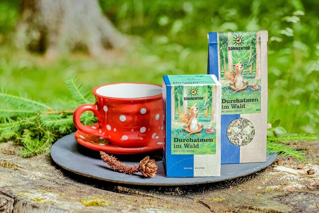 Zu sehen sind der Durchatmen im Wald Tee Doppelkammer und der Durchatmen im Wald Tee lose! | © SONNENTOR